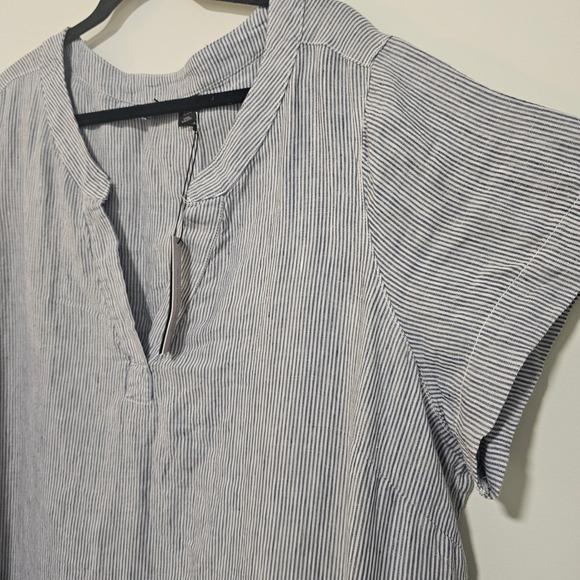 Tahari 3X Linen Shift Dress Blue White Pinstripe Split Neck Coastal Casual NWT - Picture 4 of 7